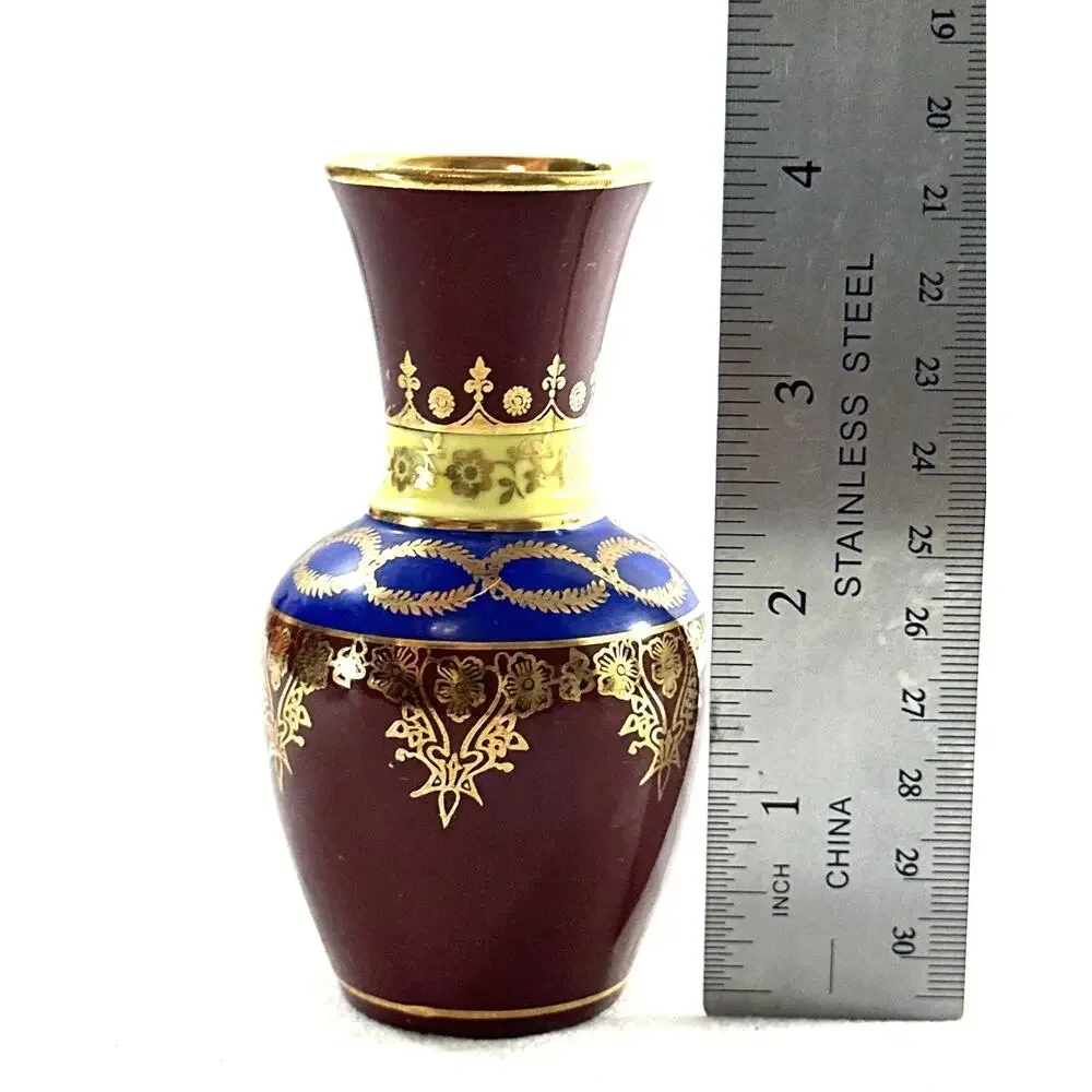 Vintage German Porcelain Mini Vase Courting Couple Gold Cobalt Burgundy 4”